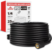 YAMATIC front view of coiled 25ft pressure washer hose showing label and length benefit