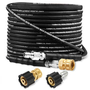 YAMATIC pressure washer hose front view showing durable jacket and connectors for long-lasting use