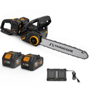 YARDCORE front view showing saw and included batteries for quick use
