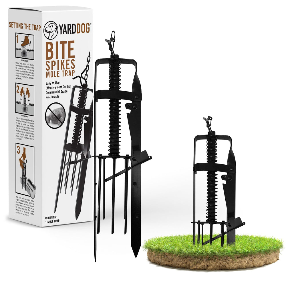 YARDDOG front view of steel mole trap showing compact design and easy placement benefit