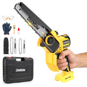 Yaxtron mini chainsaw front angle showing compact body and fast cutting benefit