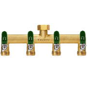 Yayamz front view brass 4-way splitter shows durable construction and multiple outlets for convenience