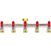 Yayamz front view of 5-way brass splitter showing all five outlets and red finish for quick identification