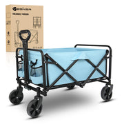 Yesker wagon front view showing blue cart and sturdy frame, easy transport benefit