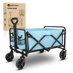 Yesker wagon front view showing blue cart and sturdy frame, easy transport benefit