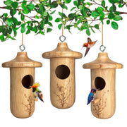 yewacne front view of three wooden hummingbird houses showing rustic appeal and natural shelter
