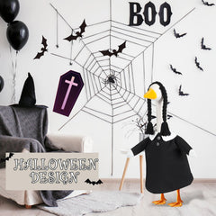 Yeyeplum goose wearing outfit on porch creating playful seasonal display