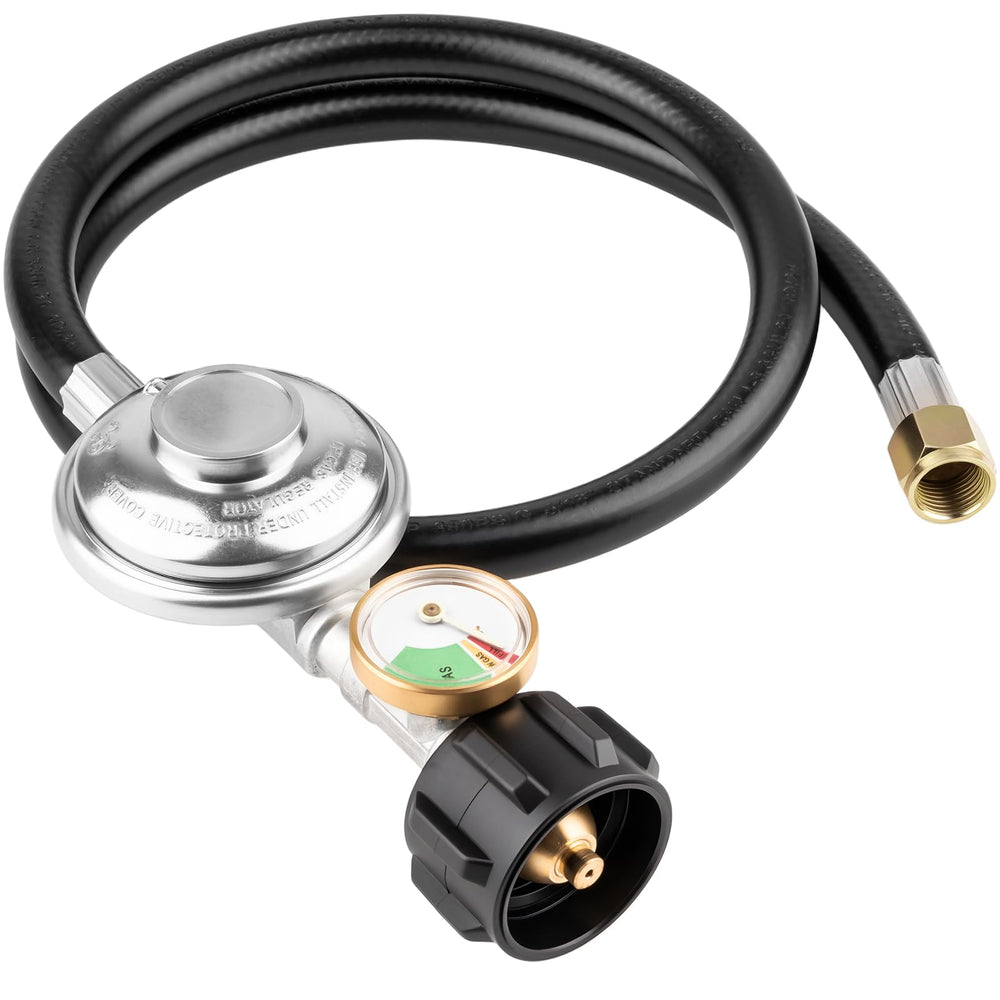 YEYETUO regulator front assembly showing hose and gauge for safe connection