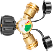 YEYETUO splitter front view showing dual outlets and gauge benefit easy setup