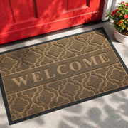 Yimobra front view of coffee welcome mat showing embossed WELCOME and curb appeal
