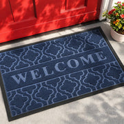 Yimobra welcome door mat front view showing blue embossed welcome and curb appeal