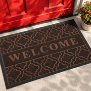 Yimobra welcome mat front view showing embossed greeting and dirt-trapping benefit