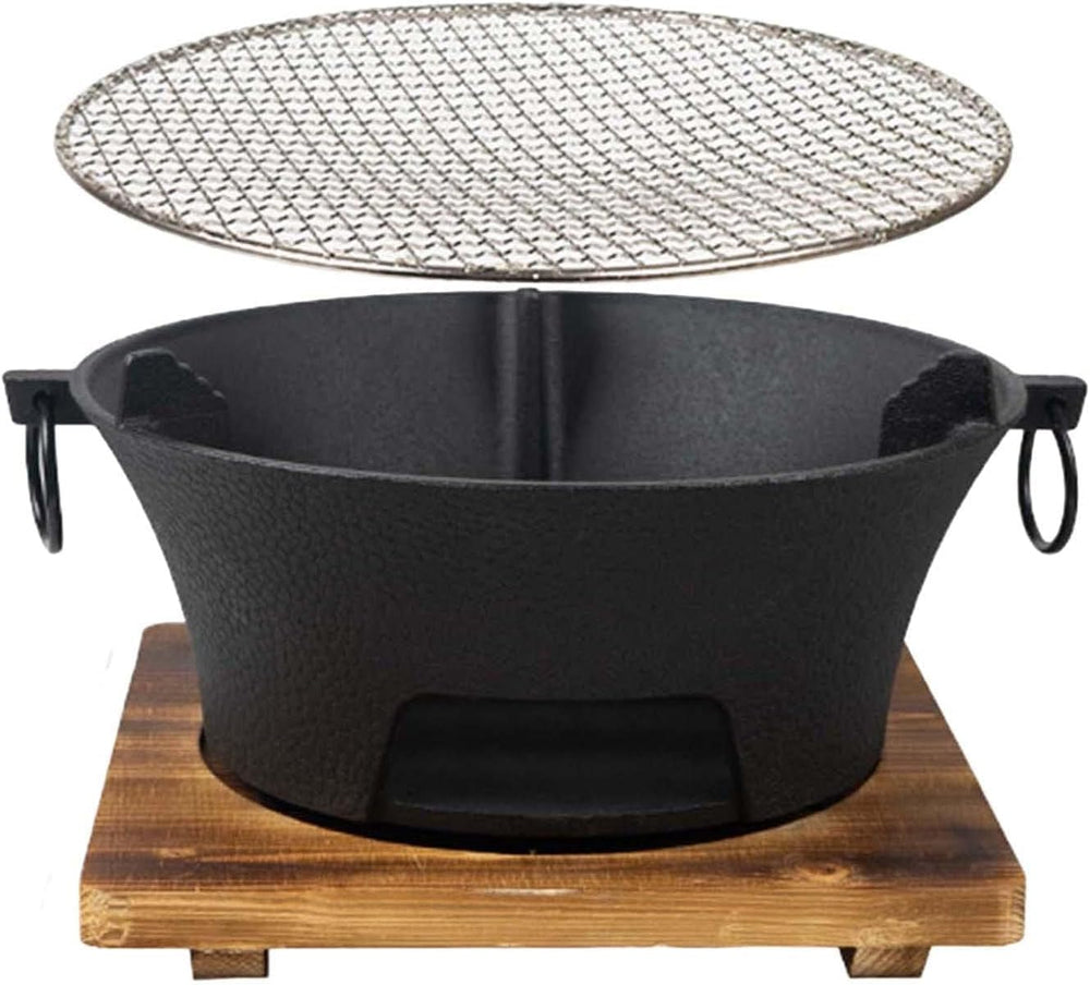 YJTAN front view of round cast iron hibachi grill showing sturdy build and portability
