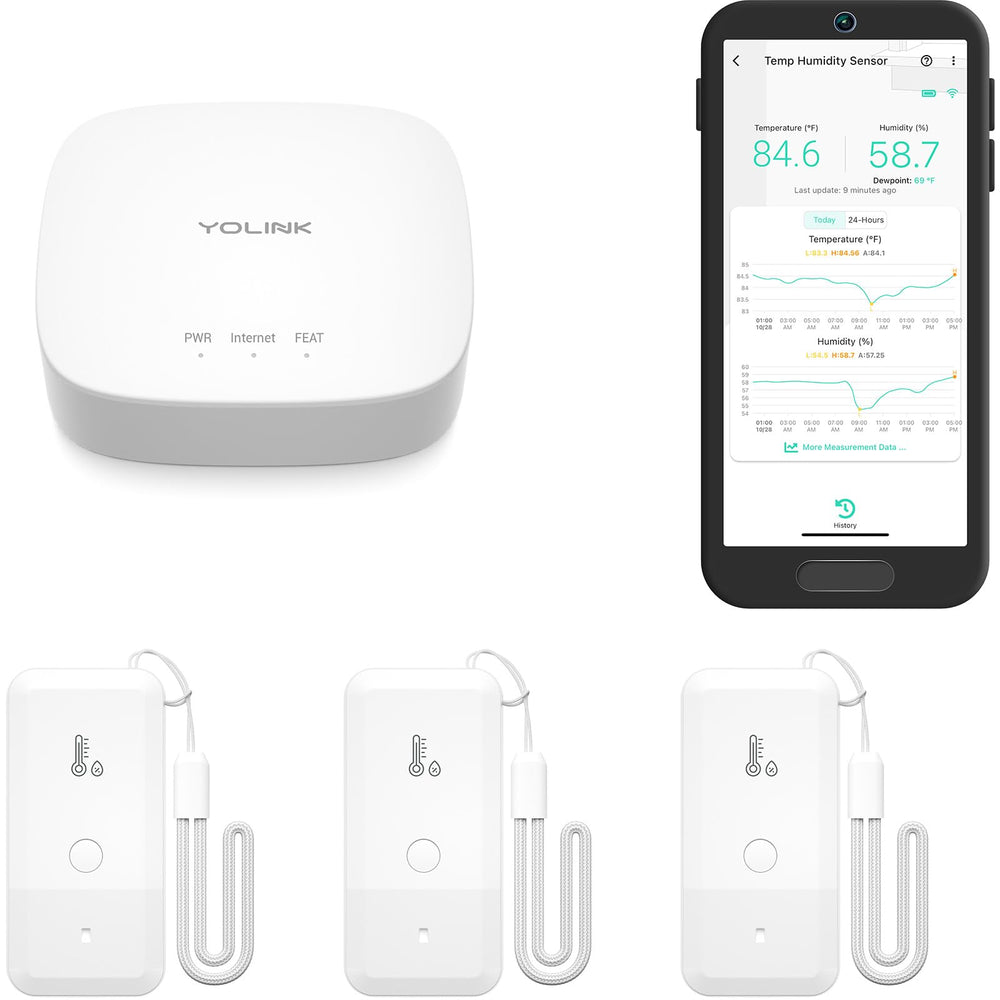 YoLink hub and three sensors displayed, showing kit contents and quick setup benefit