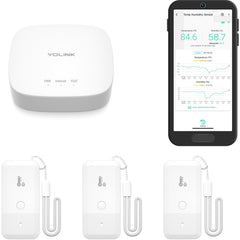 YoLink hub and three sensors displayed, showing kit contents and quick setup benefit