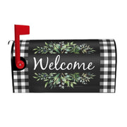 Yomane front view showing buffalo plaid cover and wreath, adds instant curb appeal