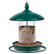 Youvip feeder front view showing green metal roof and 360° feeding benefit