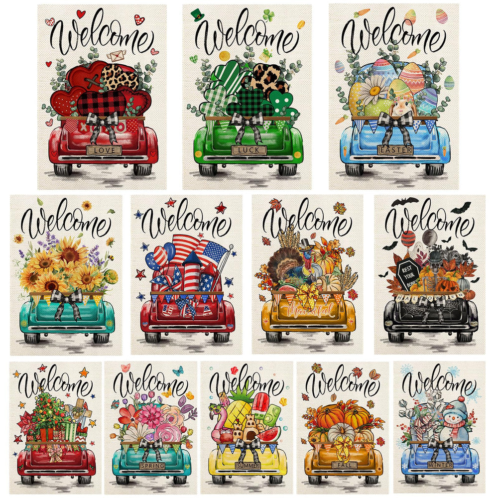 YOVOYOA front view of 12-flag set showing festive truck designs and variety