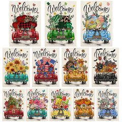 YOVOYOA front view of 12-flag set showing festive truck designs and variety