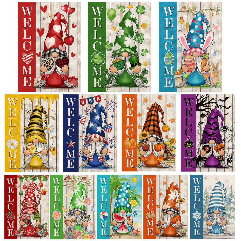 YOVOYOA front display of 12 gnome garden flags bright seasonal decor