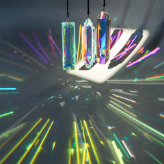 YU FENG prism hanging in a window creating colorful sun patterns