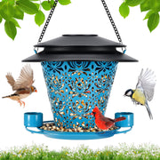 YYWMWM front view of blue metal bird feeder showing hanging design and decoration benefit