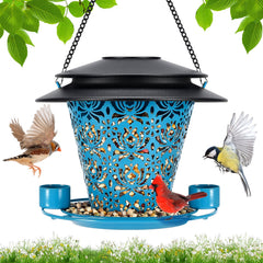 YYWMWM front view of blue metal bird feeder showing hanging design and decoration benefit