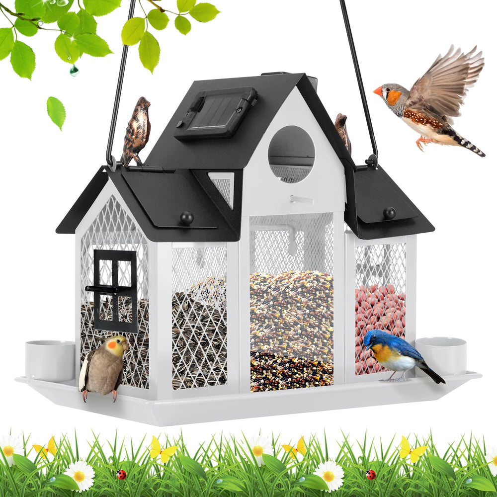 YYWMWM front view of solar metal bird feeder showing decorative design and benefit of visibility