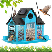 YYWMWM front view of blue metal bird feeder showing decorative cutouts and hanging loop