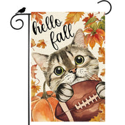 ZAEW front view of cat football pumpkin flag showing vibrant fall design and curb appeal