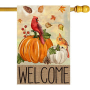 ZAEW front view of pumpkin cardinal flag showing bright seasonal curb appeal