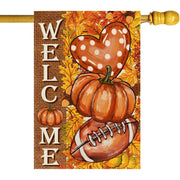 ZAEW front view of pumpkin football flag showing bright seasonal design for curb appeal