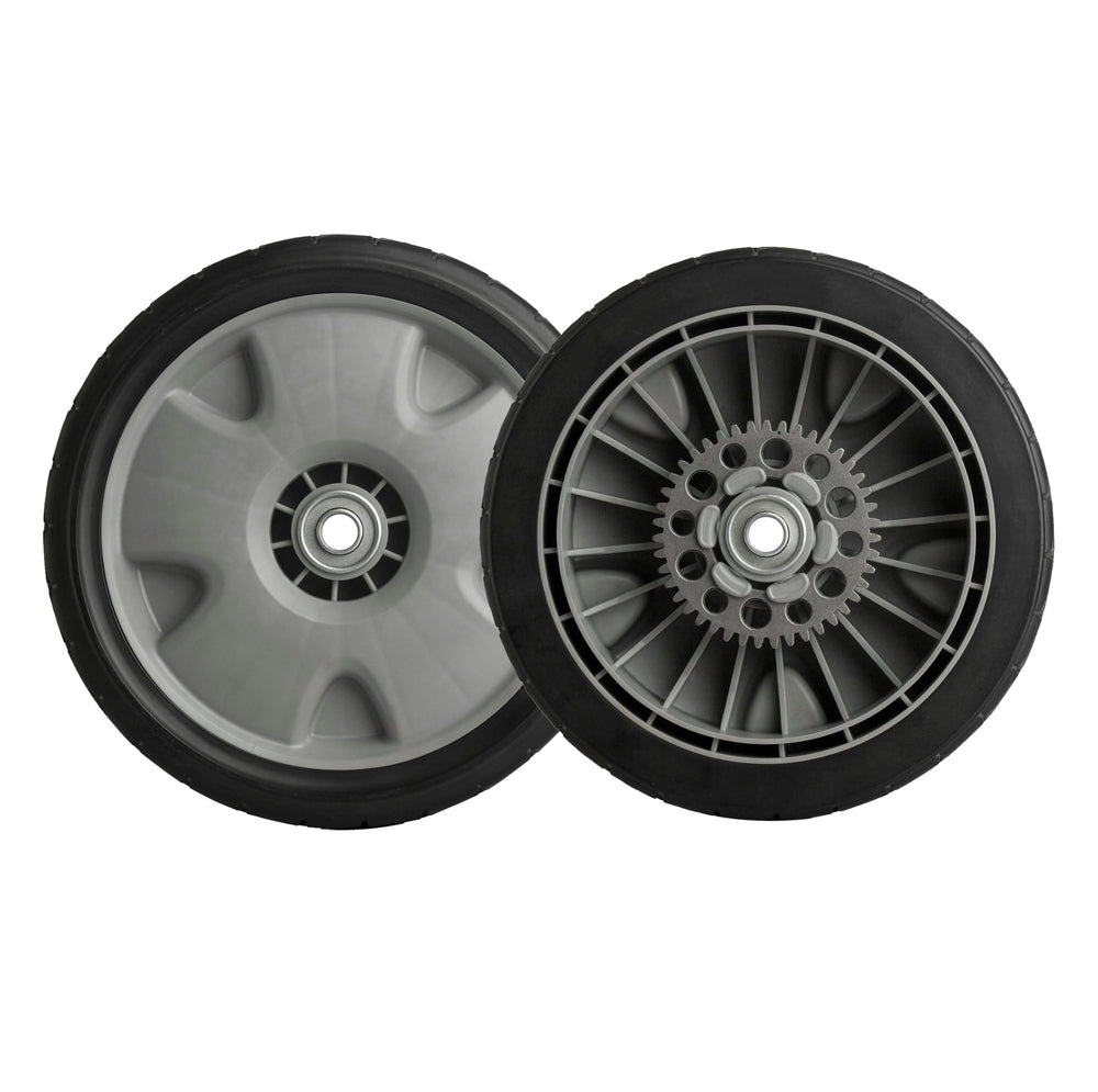 ZALANA front view of two replacement rear drive wheels showing tread and size benefit