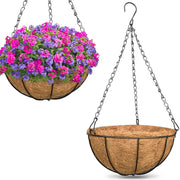 ZeeDix front view metal hanging basket showing coco liner and balanced design benefit: attractive display