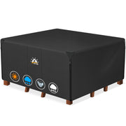 Zettum front view of square cover protecting outdoor dining set, shows full coverage benefit