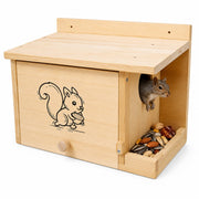 ZIGTAIL front view of wooden squirrel house showing entrance and shelter benefits