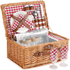 ZORMY front view of wicker picnic basket showing red check lining and handle, stylish and portable