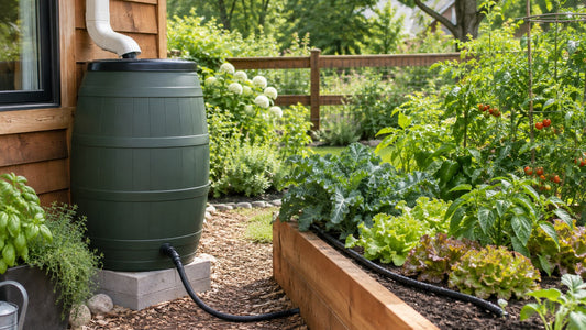 Rain barrel connected to a downspout with a soaker hose running into a vegetable bed