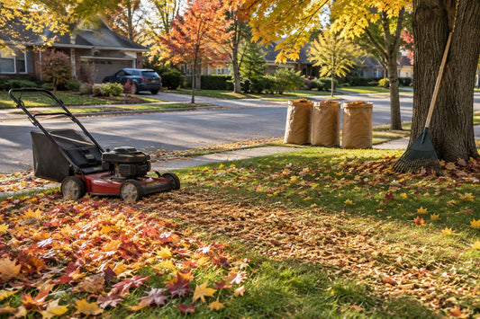 Canadian suburban front yard in October with a mulching mower on a leaf-covered lawn, paper yard waste bags at the curb and red maples overhead