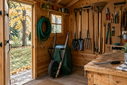 Cleaned garden tools hanging on the wall of a wooden shed in a Canadian backyard in late fall, with pruners, shovels, a rake and a coiled hose