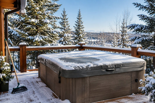 Covered hot tub on a backyard deck after a fresh snowfall in Canada, with a soft broom leaning nearby and snow-covered spruce trees behind