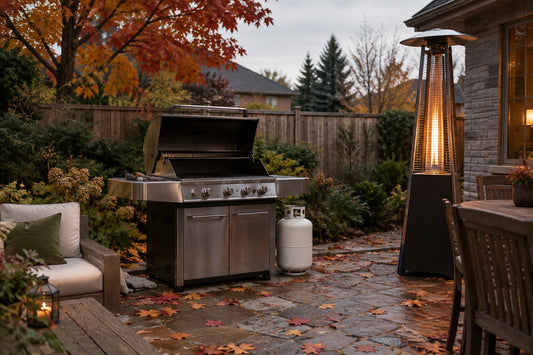 Propane barbecue and patio heater on a stone patio in a Canadian backyard in fall, with a cylinder standing upright outdoors beside the grill