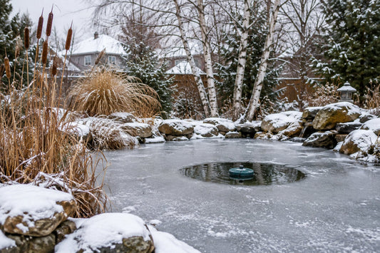 Backyard garden pond in early winter with thin ice, a small open patch kept clear by a floating de-icer, and snow on the surrounding stones