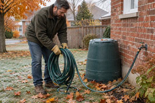 Homeowner coiling a drained green garden hose beside a brick house wall with an outdoor tap, fallen maple leaves and light frost on the lawn