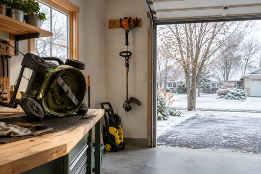 Gas lawn mower, string trimmer and pressure washer lined up in a tidy Canadian garage in late fall, with maple leaves on the driveway outside