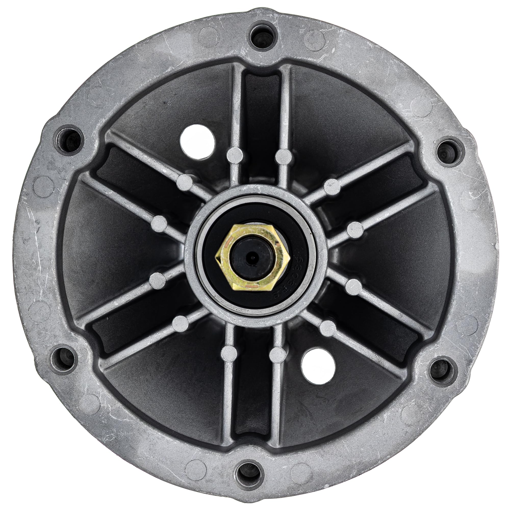 8TEN deck spindle installed on Exmark deck demonstrating restored alignment