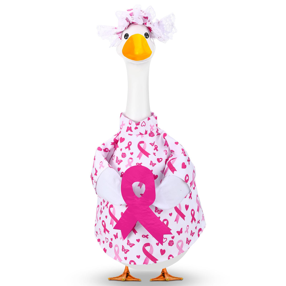 Abbylike front view of the pink ribbon outfit showing bright awareness design and curb appeal