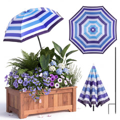 Abbylike front view of blue and white striped plant umbrella showing coverage benefit