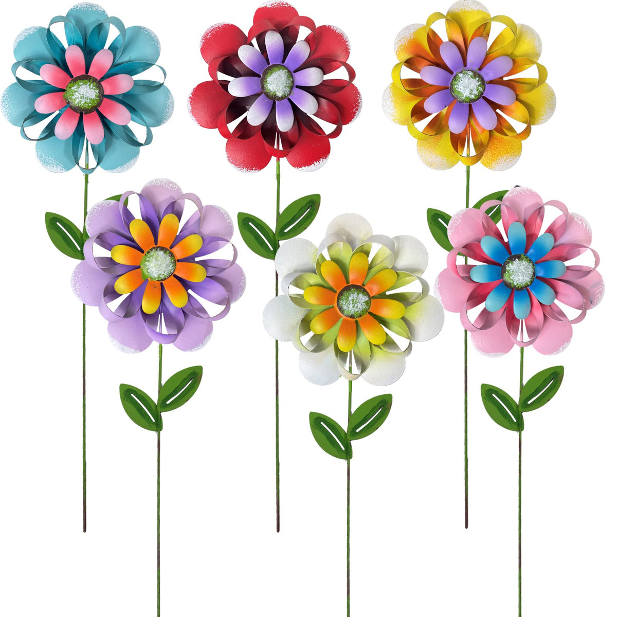 ABELOTS front view of six colorful metal flower stakes, vivid curb appeal