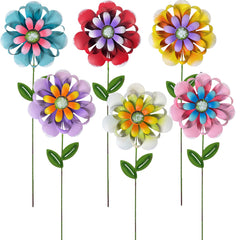 ABELOTS front view of six colorful metal flower stakes, vivid curb appeal
